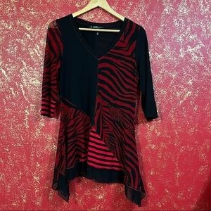 LIOR PARIS Red Black Patchwork Asymmetric Hem Trimmed V Neck Zepra Prin Tunic S
